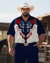 Western Denim-Men's Plus Size Royal Blue Floral Symmetrical Print Short Sleeve Shirt Trousers Suit